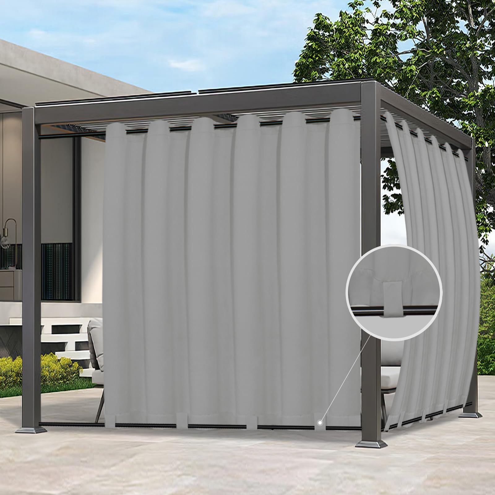 Easy-Going Outdoor Curtains Waterproof Windproof Weatherproof Curtain for Patio, Cabana, Porch, Pergola and Gazebo, Grommet Top and Tab Bottom Drape, 1panel, 110x108 inch, Light Grey