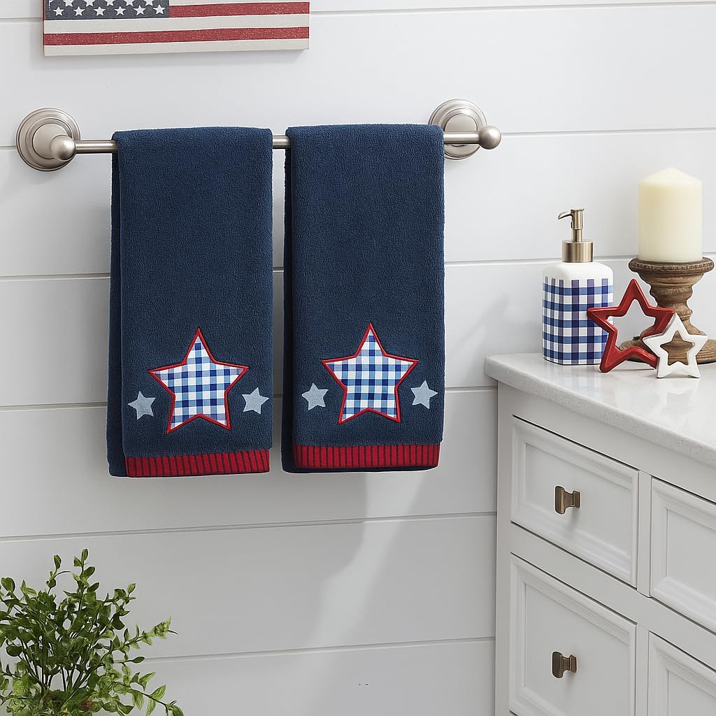 Serafina Home Patriotic Bathroom Hand Towels: Dark Blue 100% Cotton Embroidered Gingham Star with Red Trim Design, 25 x 16” Decorative Bath & Kitchen Towels, Set of 2