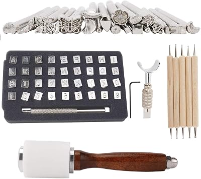 65PCS Leather Stamping Tool Leather Carving Working Saddle Making Tools DIY Leather Craft Stamps Set DIY Hammer Swivel Knife with Leathercraft Metal Letter and Number Stamps Punch