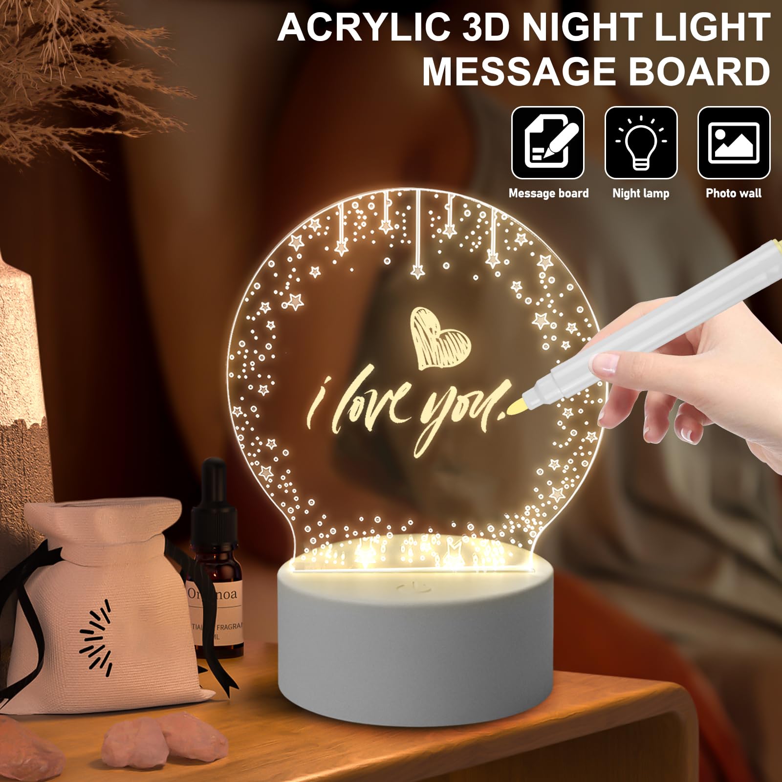 Lampada Led Notte Creativa In Acrilico Con Base In Legno – Disegnabile Con Penna E Telecomando 16 Colori