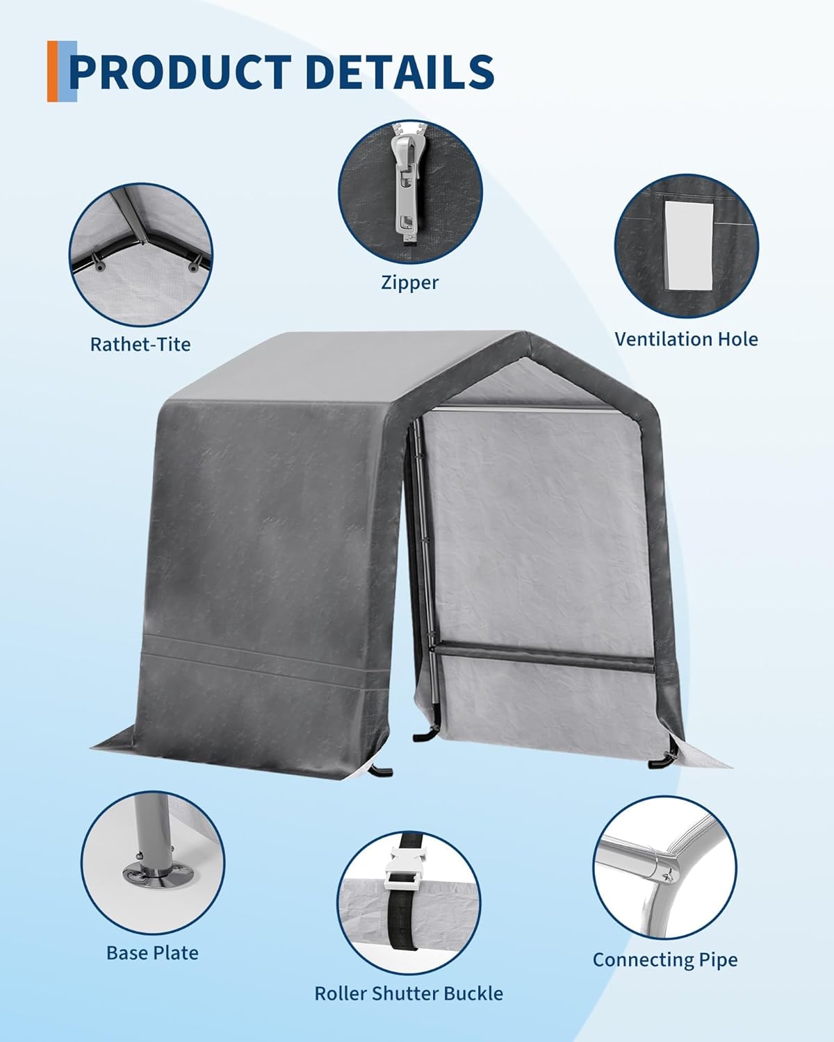 6X6 Ft Heavy-Duty Portable Outdoor Storage Shed with Roll-Up Door & Vent, 240g Waterproof PE Tarp & UV Protection, Carport Storage Shelter for Motorcycles, Firewood, Garden Tools - Gray