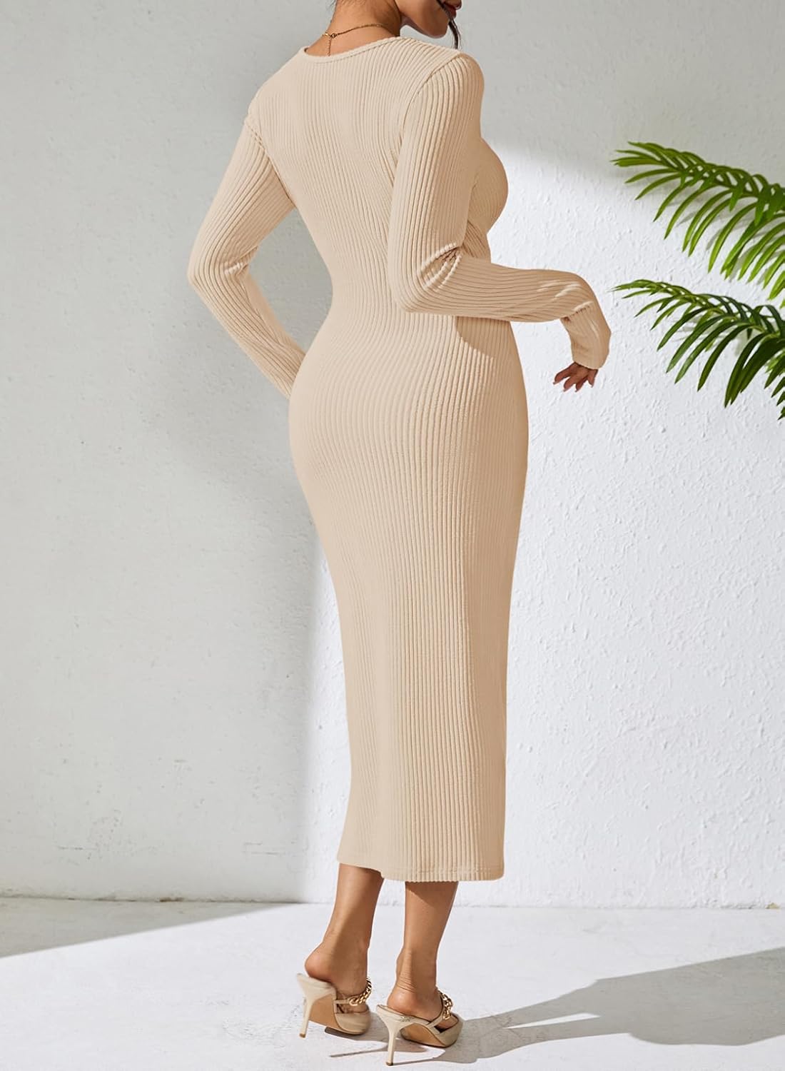 Pink Queen Women's Cutout Twist Front Bodycon Dress 2025 Long Sleeve High Waist Ribbed Knit Slit Clubwear Party Midi Dresses - Image 8