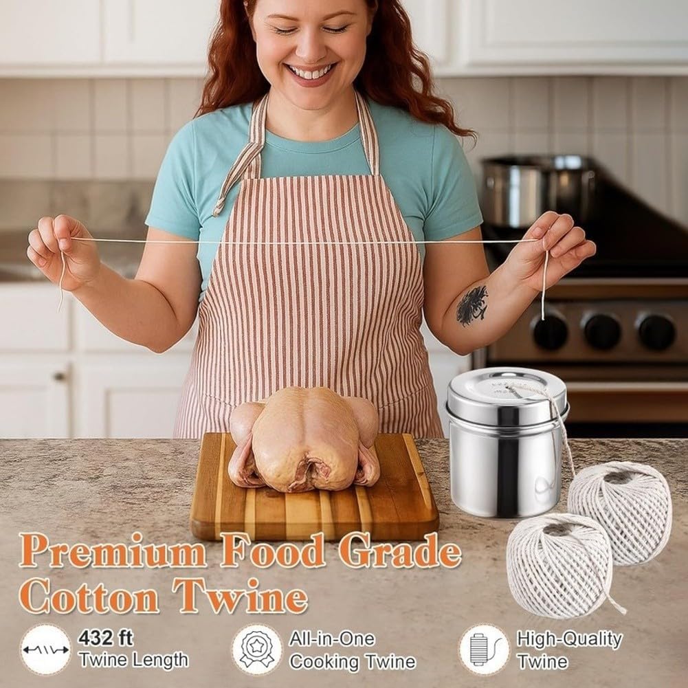 Stainless Steel Twine Dispenser with 2 Rolls Cotton Butcher Twine, 130M Food Safe Cooking String for Roast, Meat Trussing Kit, Herb Bundling, Kitchen Organization