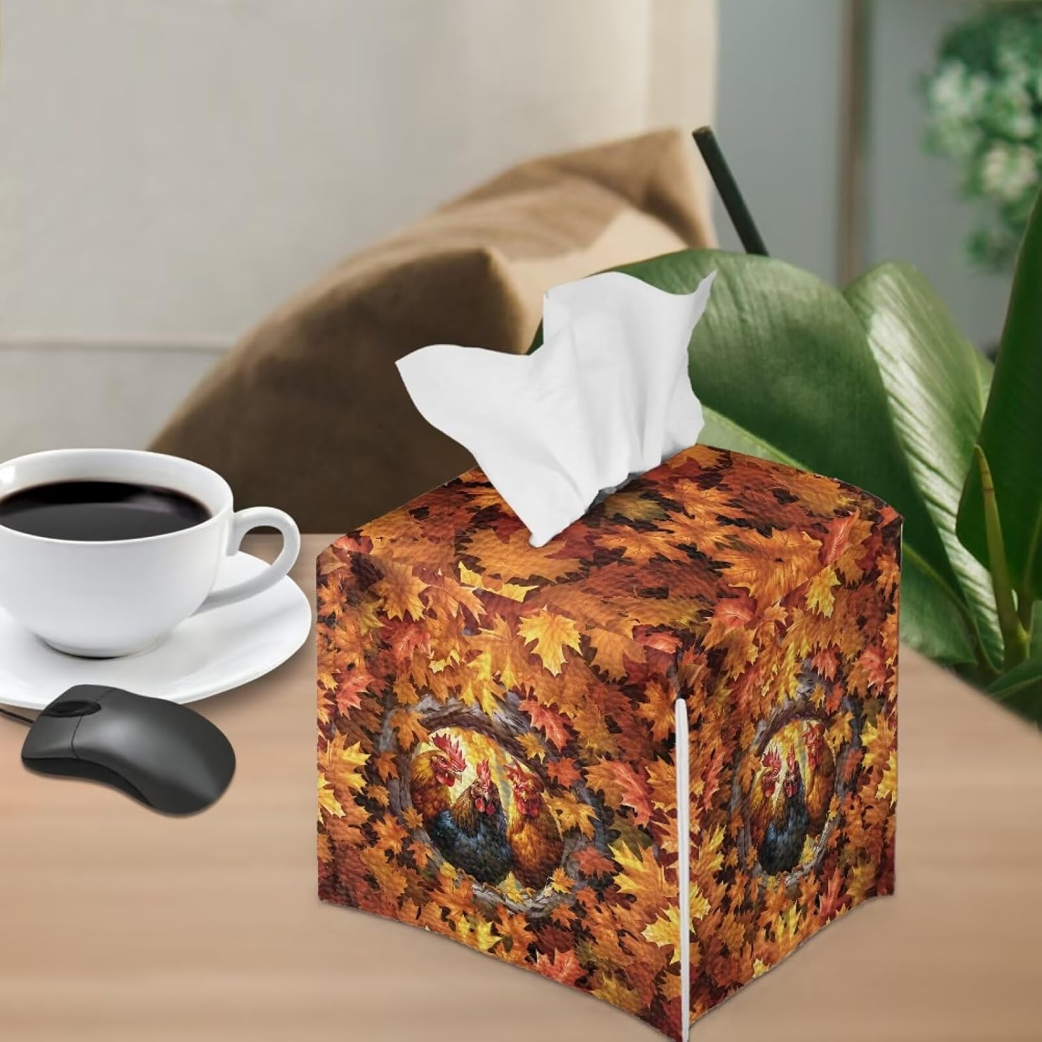 Rooster Print Tissue Box Cover Fall Maple Leaves Tissue Holder Square PU Leather Facial Paper Holder for Bathroom Vanity Countertop Night Stand Dresser image 4