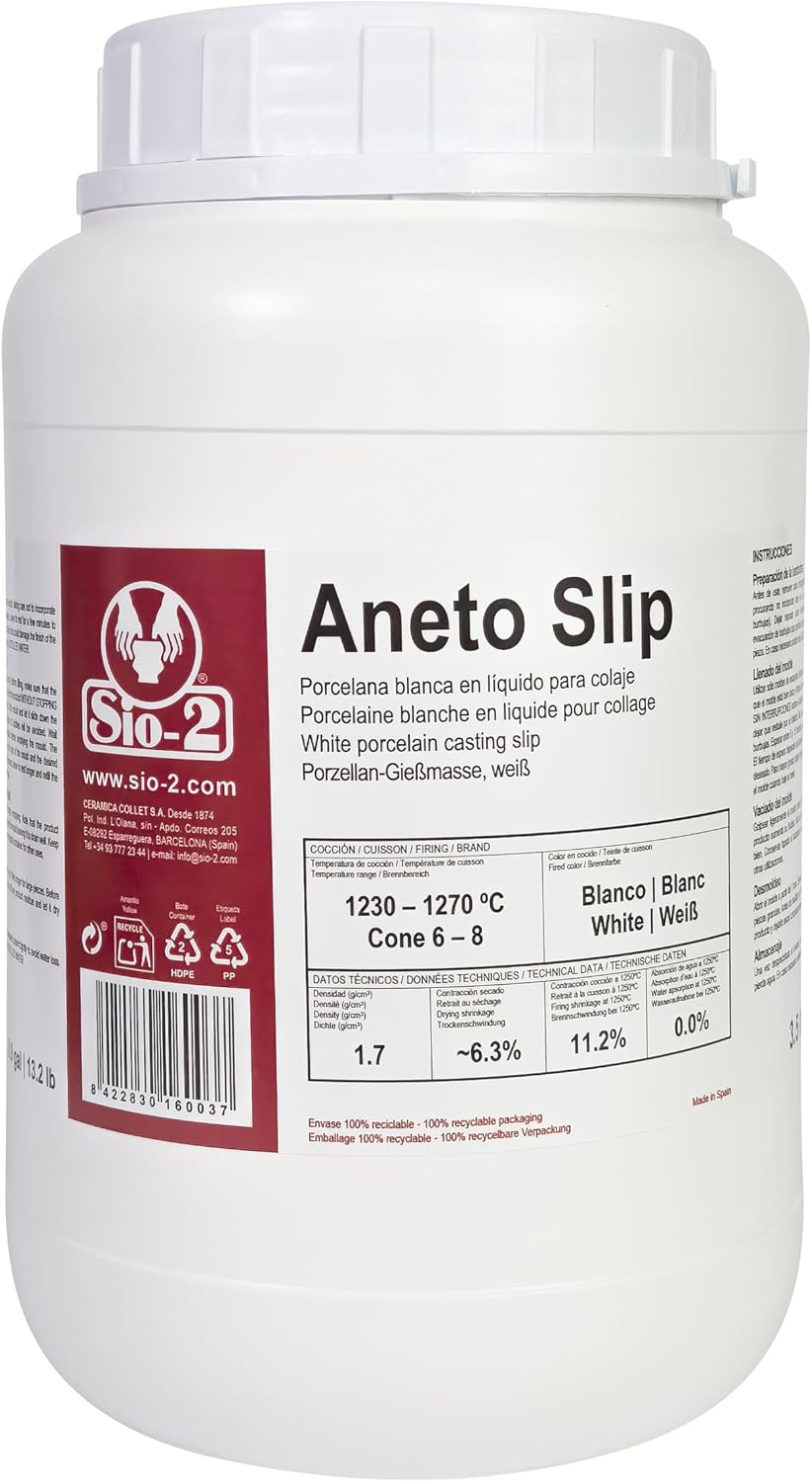 SIO-2 Aneto White High Fire Porcelain Slip, 3.5L (Cone 6-8) Translucent Liquid Pottery Clay for Casting