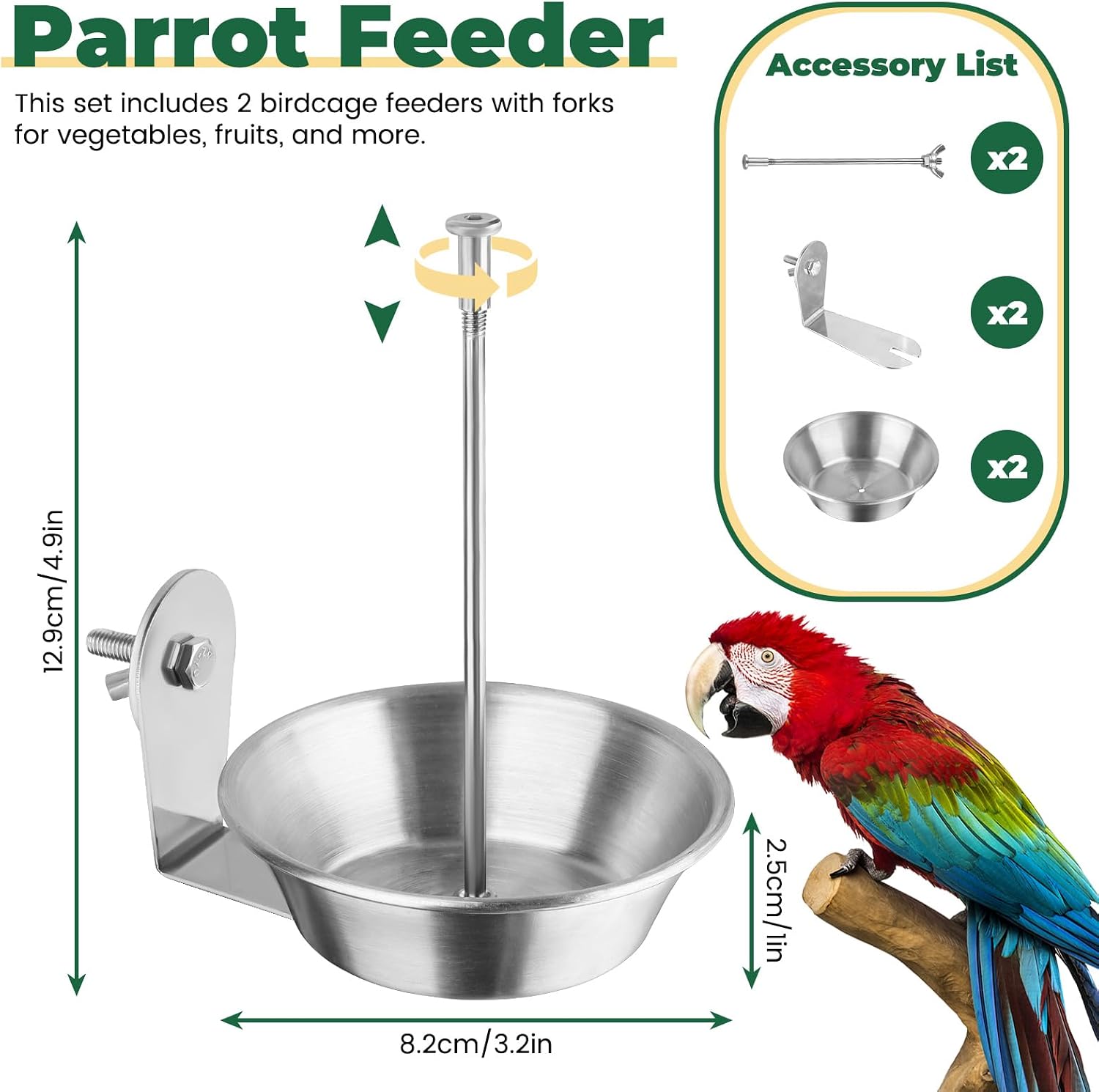 2 Pack Bird Cage Feeder with Skewer for Vegetable & Fruit, Parrot Treats Food Holder with Bowl Dish, No Mess Budgie Parakeet Cockatiel Foraging Toys Cage Accessories