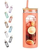 Kodrine 20oz Glass Water Tumbler with Straw and Lid, Bamboo Lids Water Bottle, Iced Coffee Cup Reusable, Wide Mouth Smoothie Cups with Protective Silicone Sleeve BPA FREE-Orange