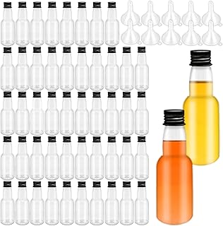 50 Pack Mini Liquor Bottles,1.7oz/50ml Plastic Spirit Alcohol Bottle with Black Cap,Miniature Shot Bottles with 10 Funnels for Party Favor,Weddings