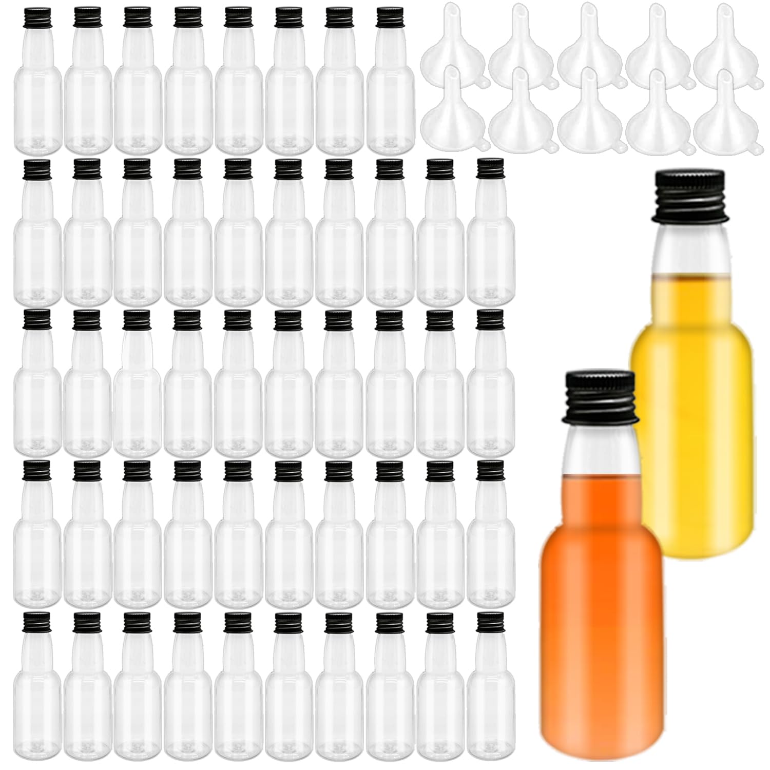 50 Pack Mini Liquor Bottles,1.7oz/50ml Plastic Spirit Alcohol Bottle with Black Cap,Miniature Shot Bottles with 10 Funnels for Party Favor,Weddings