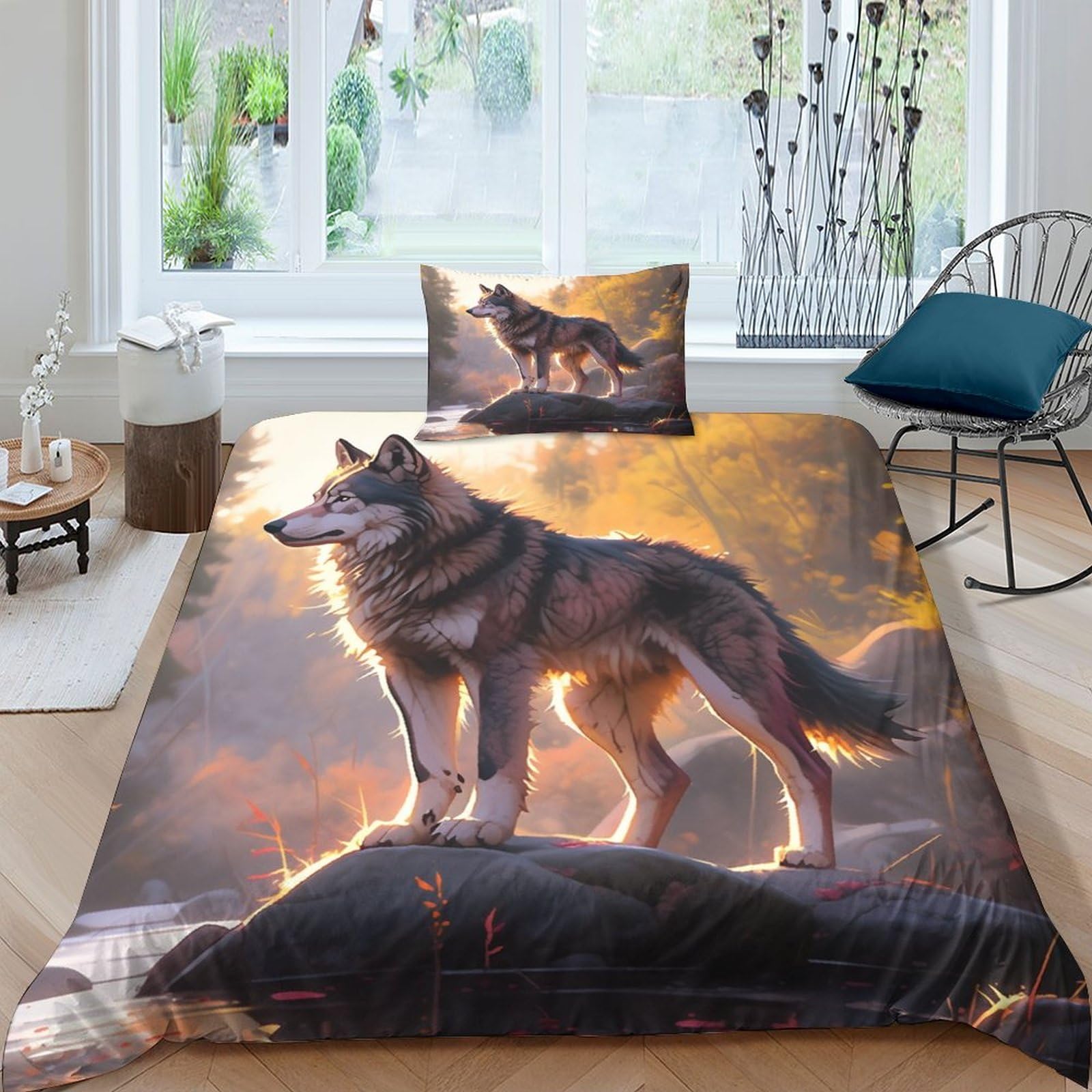 Parure de lit loup 3D : housse de couette forêt pour chambre d'enfant et ado