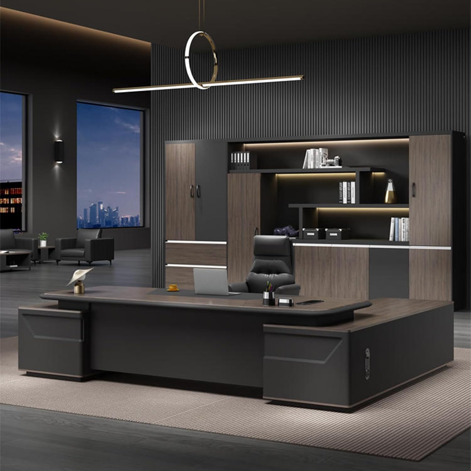 Brown L-Shaped Executive Office Desk Computer Desk with Lateral Cabinet Writing Study Table Business Furniture Set for CEO Boss