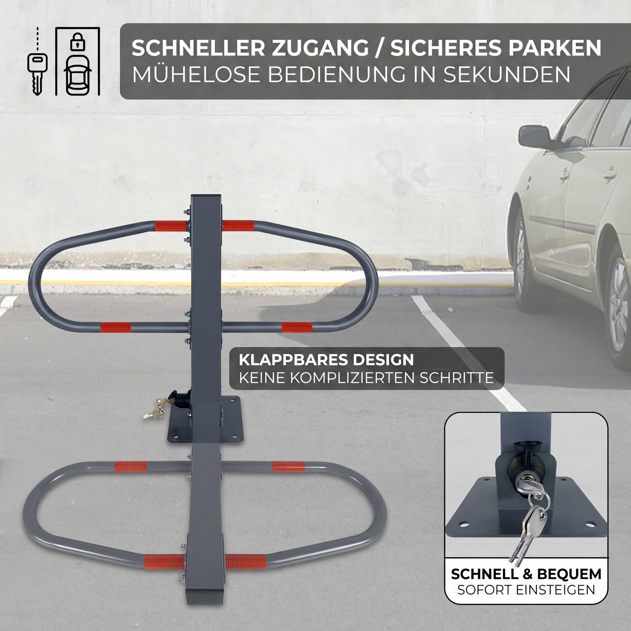 FIVMEN 1 pezzo Barriera per parcheggio pieghevole, pali di recinzione galvanizzati, barriere per parcheggio con chiavi, adesivi riflettenti, Dimensioni: 50x73x18 cm, Barriera per parcheggio per posti