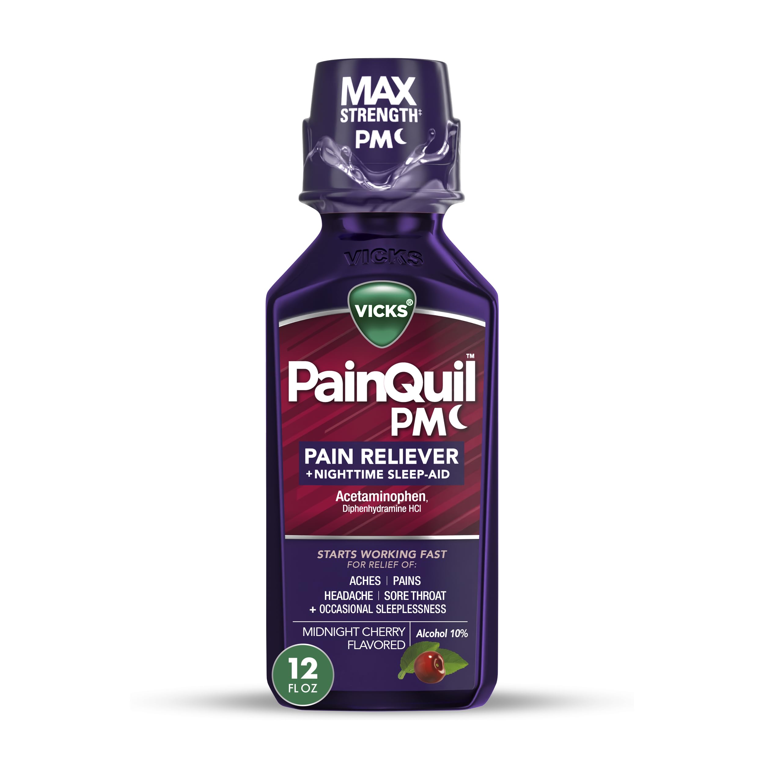 Vicks PainQuil Pain Relief Acetaminophen 1000mg Max Strength Adult Pain Reliever Liquid 12oz, Backache Headache Relief, 1 Nighttime Pain Reliever + Sleep Aid
