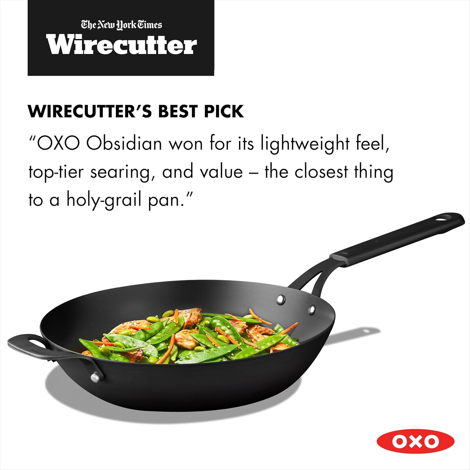OXO Obsidian Pre-Seasoned Carbon Steel, 12" Wok Pan with Removable Silicone Handle Holder, Induction, Oven Safe, Black