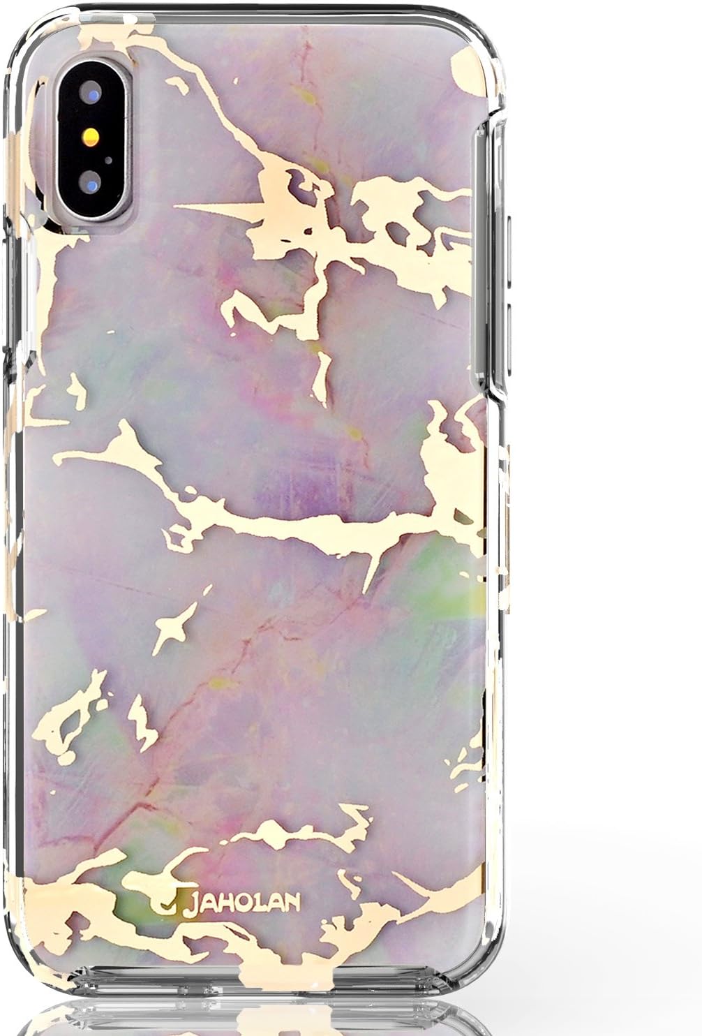 JAHOLAN Compatible iPhone X iPhone Xs Case 3D Design Shiny Gold Metal Purple Marble Reinforced Clear Bumper Cushion Scratch Resistant Shockproof Hard Back Panel Cover Phone Case