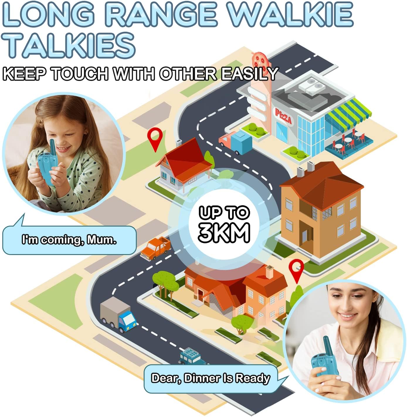A young girl and a woman using Selieve T-888 Walkie Talkies to communicate over a long distance, with an overlay showing a 3KM range on a map.