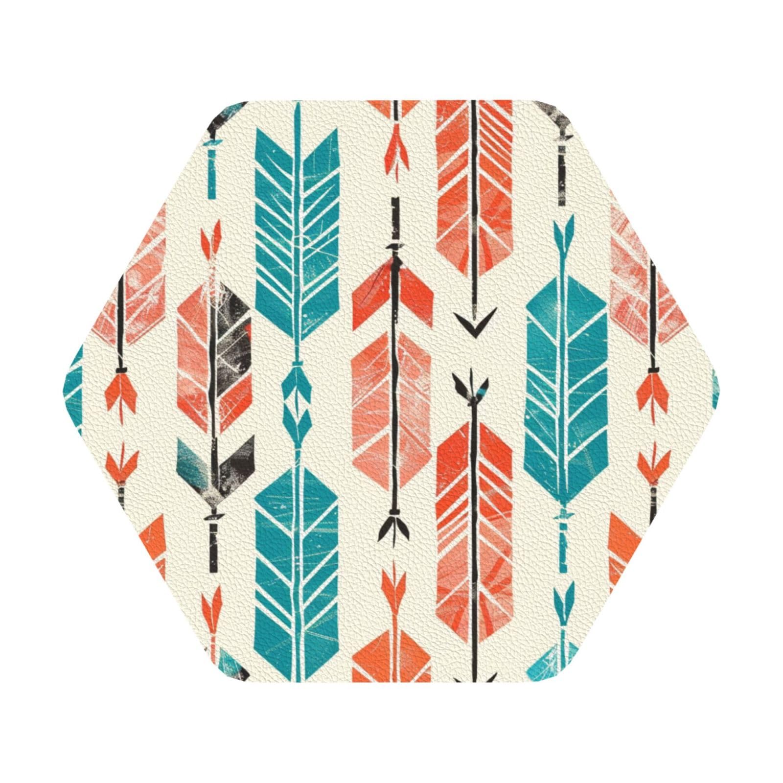 Coral and Teal Arrows Print Leather Coaster Set of 6, Hexagon Coasters Table Decorative Coffee Cup Beverage Coasters Wine Beer Bar Coasters for Hot Drinks Table Protection
