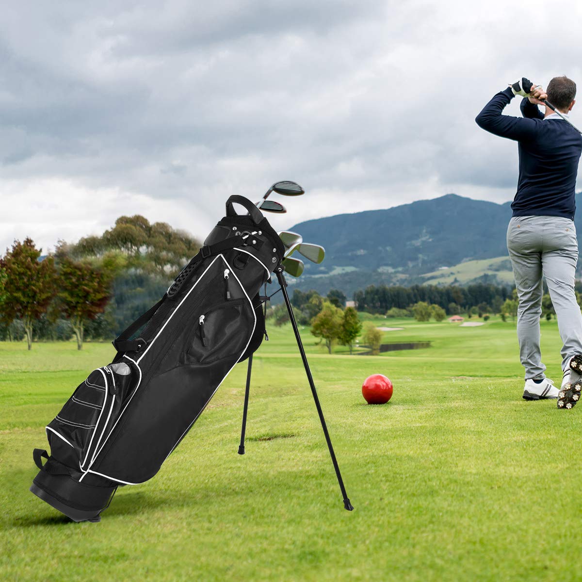COSTWAY Golfbag, Golf Stand Bag mit Standfüßen, Regenhaube & 4-facher Unterteilung, tragbare Pencil Bag mit Kopfteil & Tragegurt, leichte Golftasche für Damen & Herren