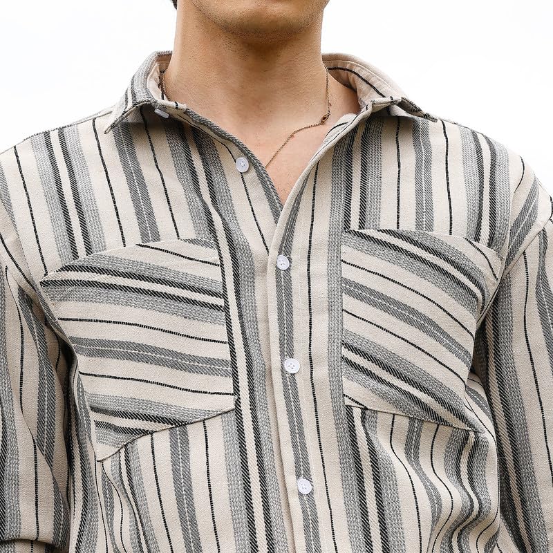 Image of CAHOOT Men's Multitrack Striped Oversized Shirt for Casual Wear | Spread Collar | Long Sleeve | Button Closure | Oversized Shirt Crafted with Comfort Fit for Everyday Wear