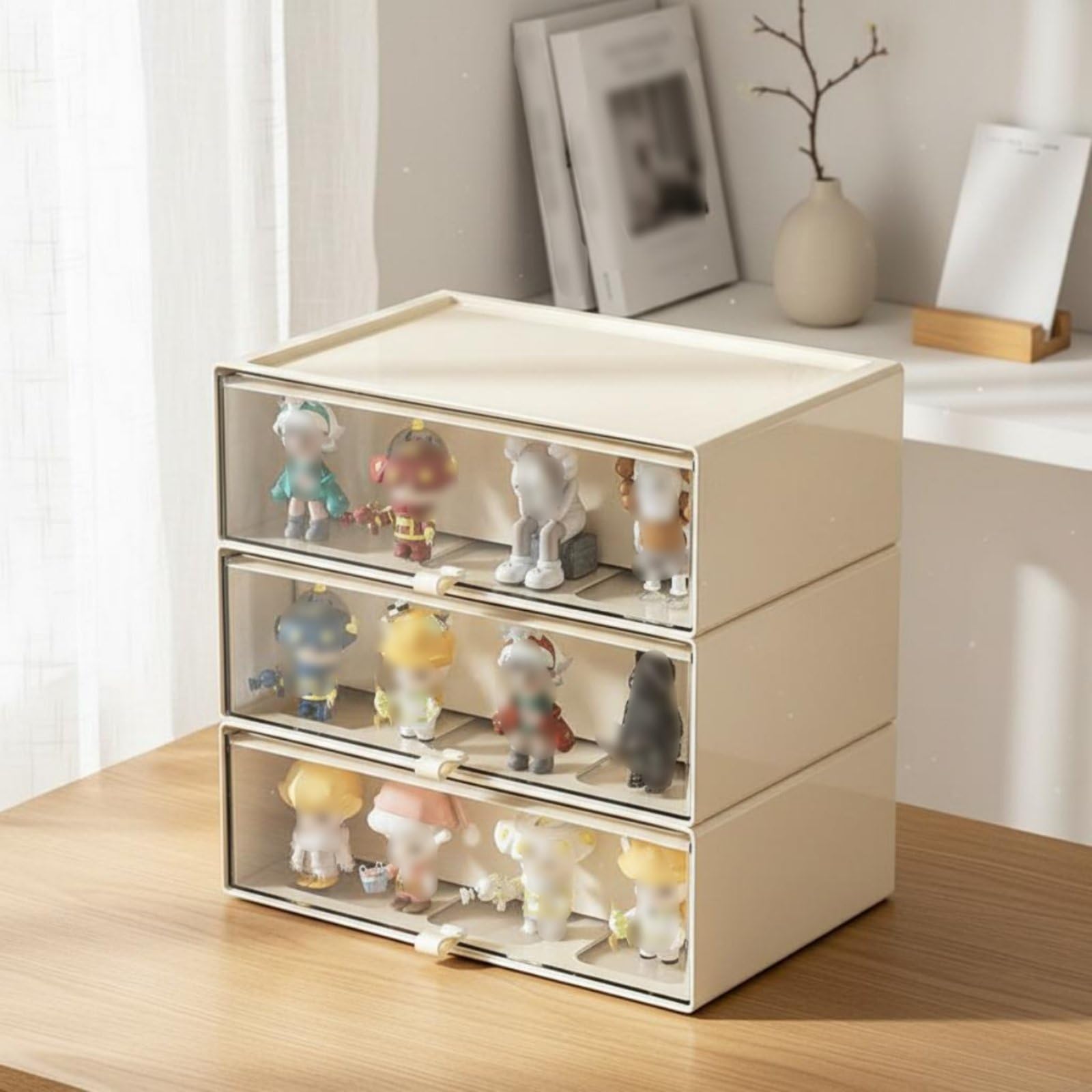 Desktop Aufbewahrungsbox Vitrine Schubladen Organizer Regal Rundumsicht für Figuren Und Deko Stabil Stapelbar Flexible Innenstruktur für Büro, Zwei Schichten Extra Groß + 2 Mittel