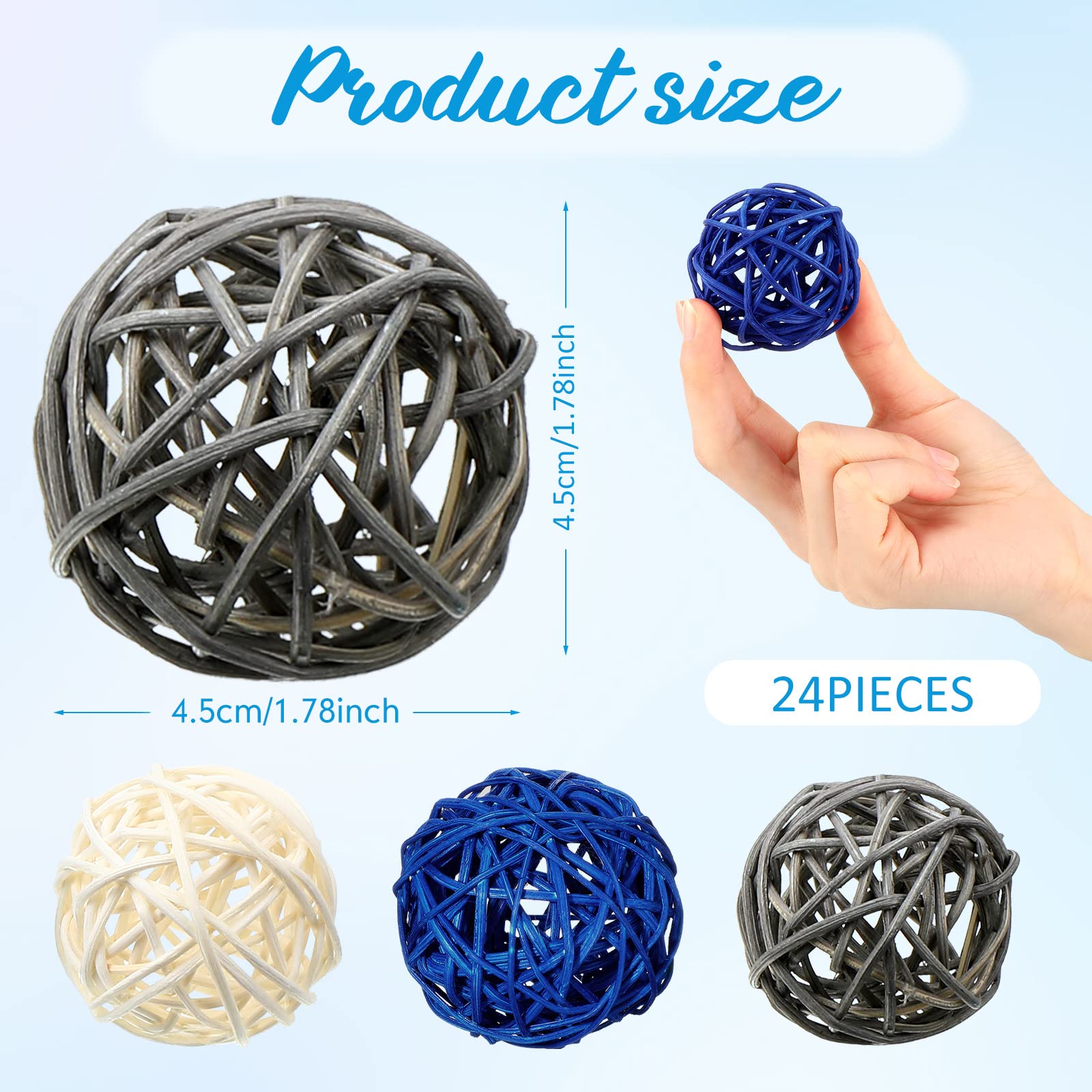 24 Pcs Wicker Rattan Balls Decorative Balls for Vase Centerpiece Vase Fillers Bowls Orbs Filler for Spring Summer Craft, Wedding Party, 1.8 Inches, Dark Blue, Gray, White
