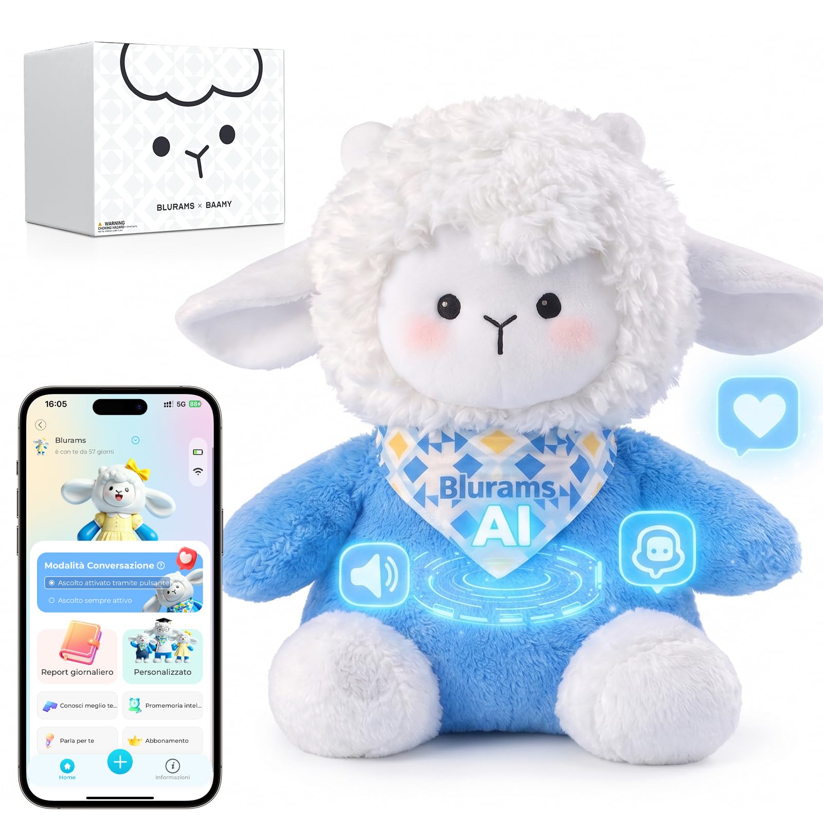 blurams Peluche Interattivo AI, Animali Giocattolo per Bambini 3–8 Anni con Chat Vocale, Controllo tramite App, Memoria e Report Giornaliero, Compagno Educativo ed Emotivo, Idee Regalo Natale 2026
