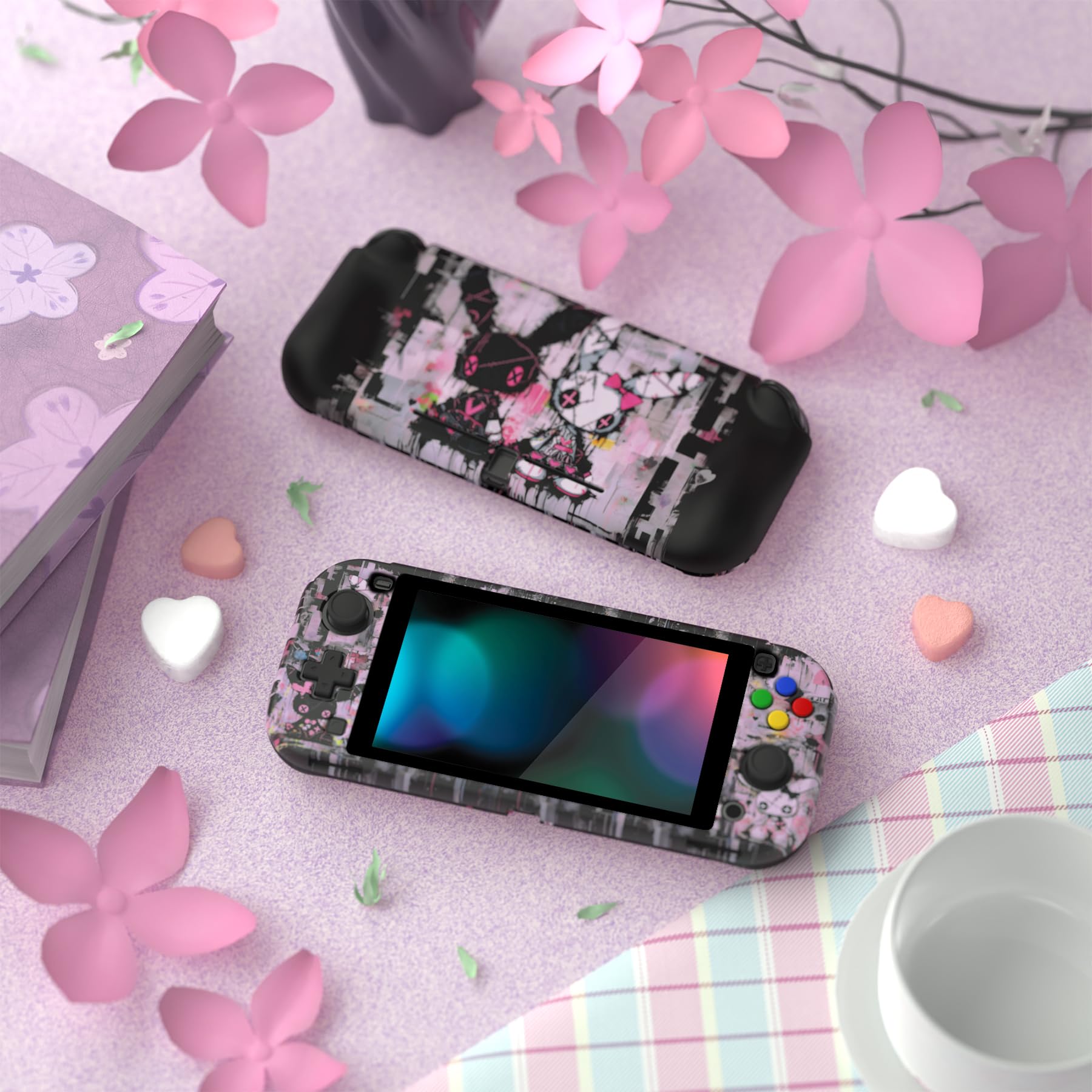 PlayVital ZealProtect Protective Case for Nintendo Switch Lite, Hard Shell Ergonomic Grip Cover for Nintendo Switch Lite w/Screen Protector & Thumb Grip Caps & Button Cap - Lovely Punky Bunny - 5