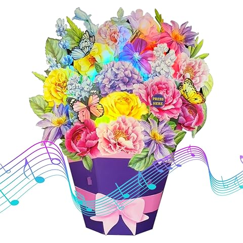 Ribbli Flower Bouquet Pop Up Card with Music & Lights, Birthday Cards for Women and Mothers Day Card, 11 Inch Flower Bouquet and Butterfly Gift for Wife Mom Grandma, with Envelope
