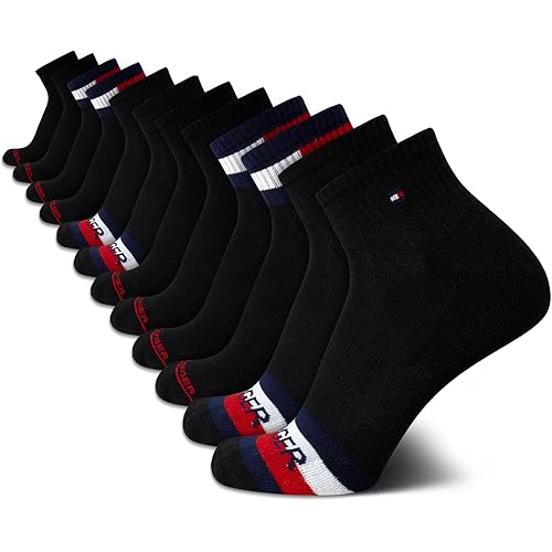 Tommy Hilfiger Men's Quarter Socks - 12 Pack Arch Support Cushion Comfort Socks - Athletic Ankle Socks for Men