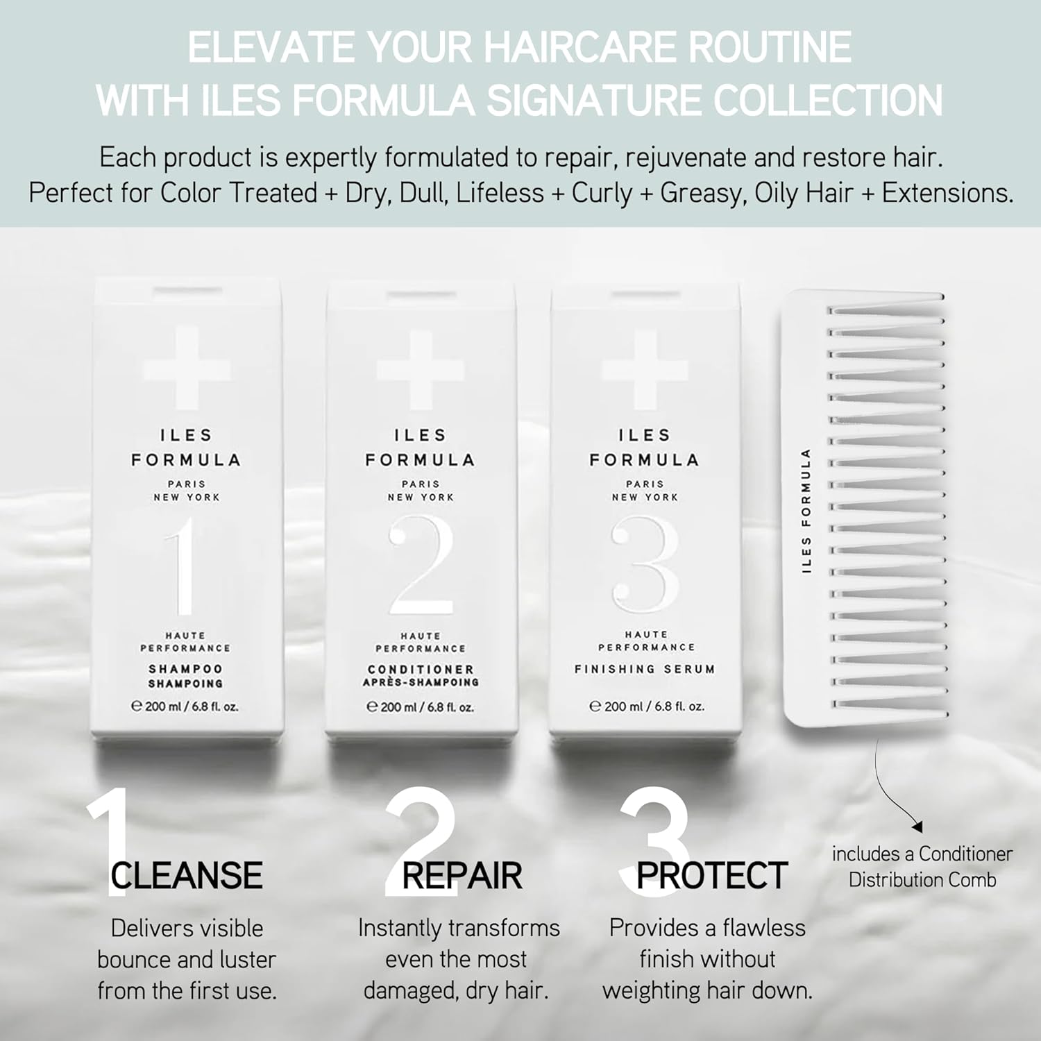 ILES FORMULA Signature Collection Deep Repair Shampoo & Conditioner w/Finishing Serum Blow Dry Cream for Dry, Damaged, Frizzy Hair - Hydrating Hair Care for Less Breakage & Healthy Hair Growth