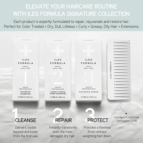 ILES FORMULA Signature Collection Deep Repair Shampoo & Conditioner w/Finishing Serum Blow Dry Cream for Dry, Damaged, Frizzy Hair - Hydrating Hair Care for Less Breakage & Healthy Hair Growth
