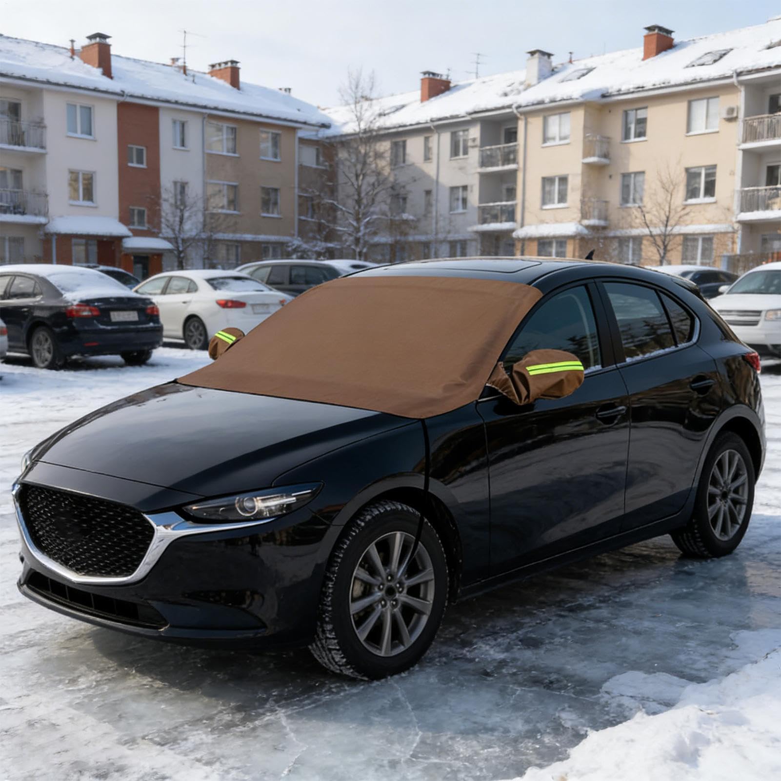 Housse de Pare-Brise pour Neige Accessoires Auto Épaissis en Cuir PU | Pare-De Pare-Brise pour Berlines Été Hiver Anti-givre Pluie Gel