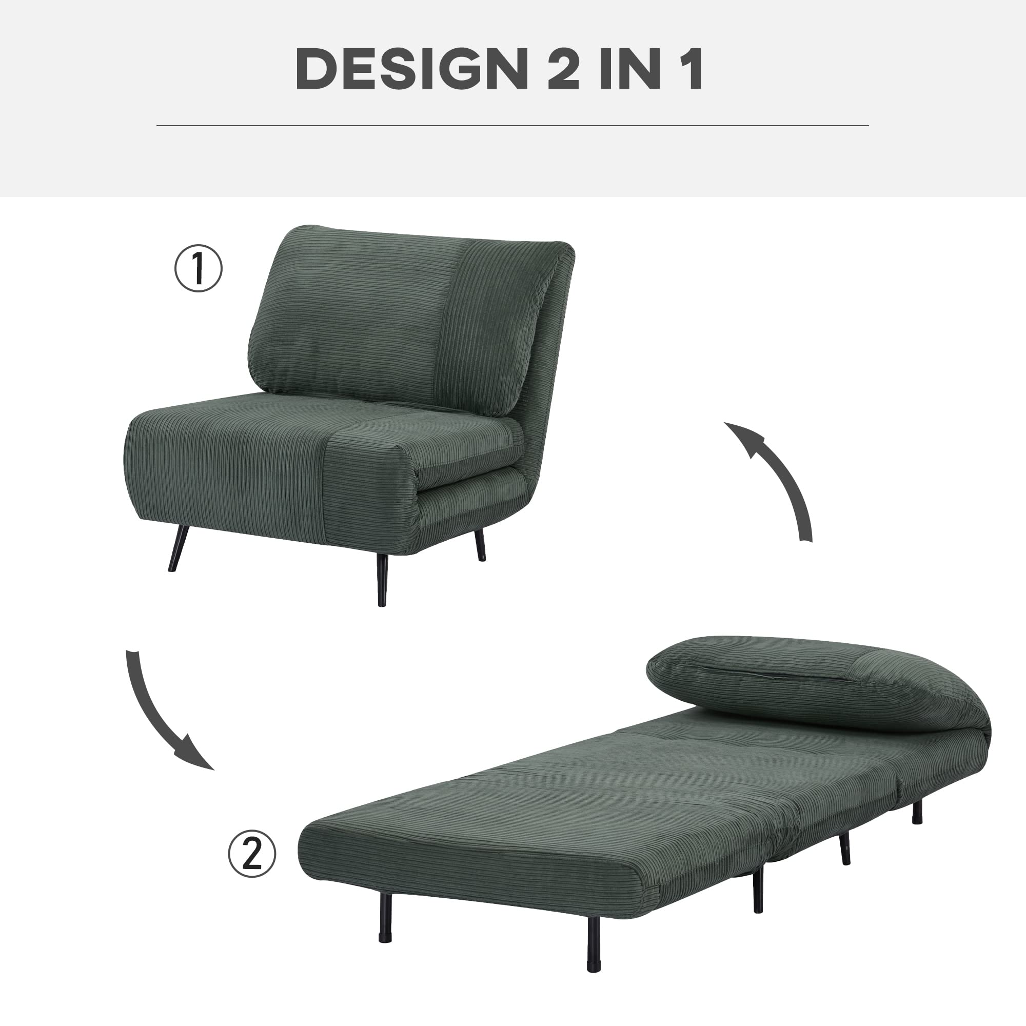HOMCOM Poltrona Letto 2 in 1 Singola Regolabile su 3 Livelli con Seduta Extra-Large e Imbottita in Gommapiuma, Struttura in Legno, Acciaio ed Effetto Velluto Verde