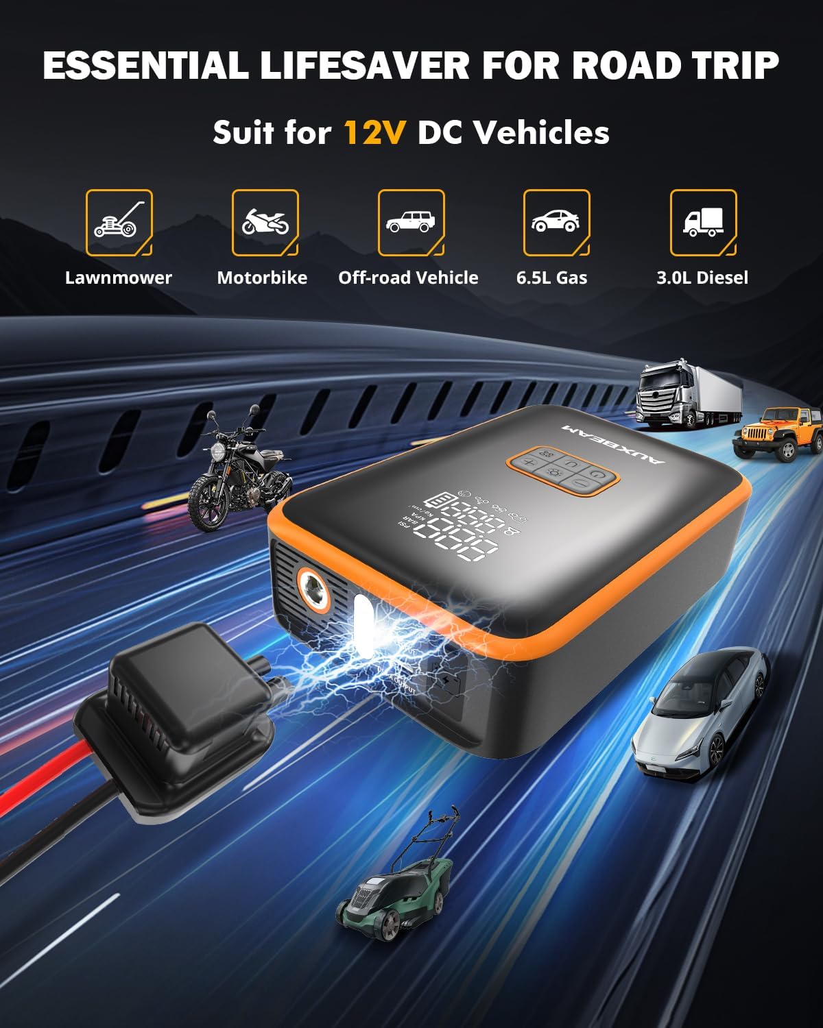 Auxbeam Jump Starter with Air Compressor 3000A Car Battery Jump Starter (6.5 Gas/3.0L Diesel) with 150PSI Cordless Tire Inflator 12V Jumper Box for Car Battery Portable for Compact Vehicle