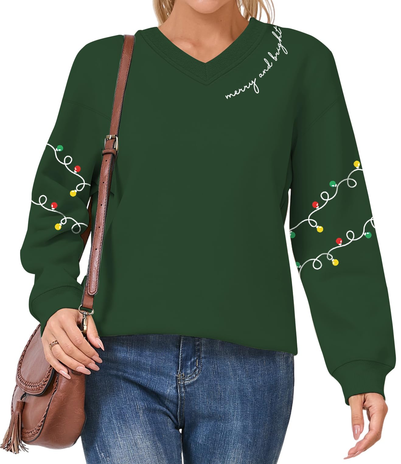 Women Merry Christmas Sweatshirts Fleece V-Neck Merry and Bright Christmas Sweater Xmas Tree Pullover Tops
