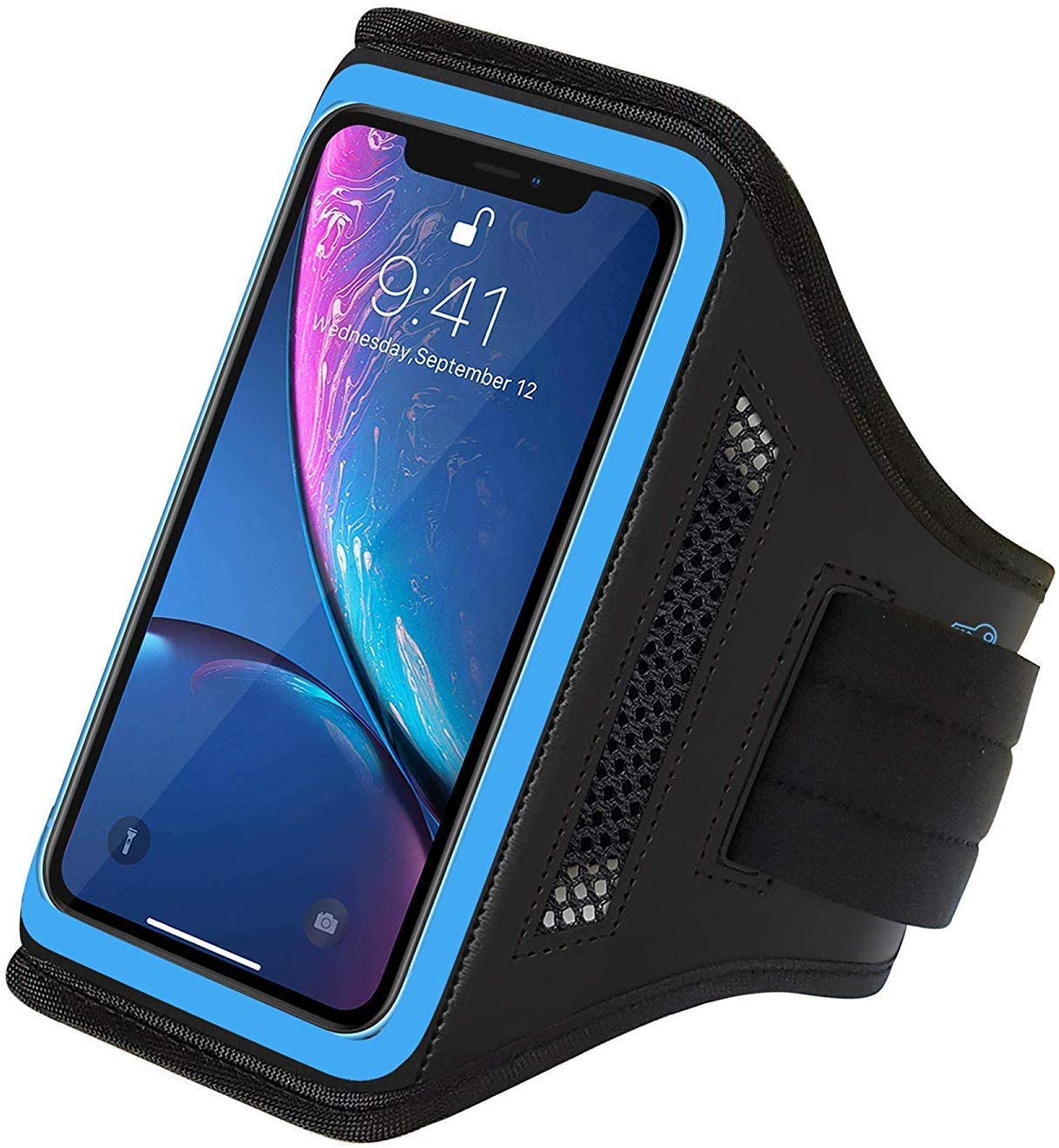 LOVPHONE iPhone 14/14 Pro/13/13 Pro/12/12 Pro/11 Pro/11/ iPhone XR Armband,Sport Running Workout Exercise Cell Phone Case with Holder & Card Slot,Fingerprint Sensor Access Supported (Bule)