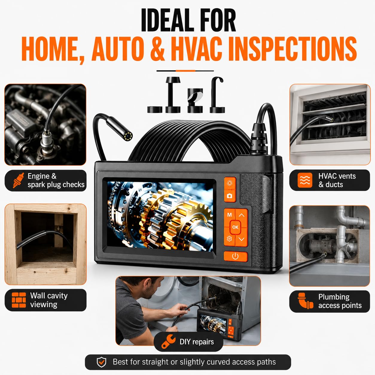 Dual Lens Borescope Inspection Camera, 4.3" HD Screen 1080P Photo Video