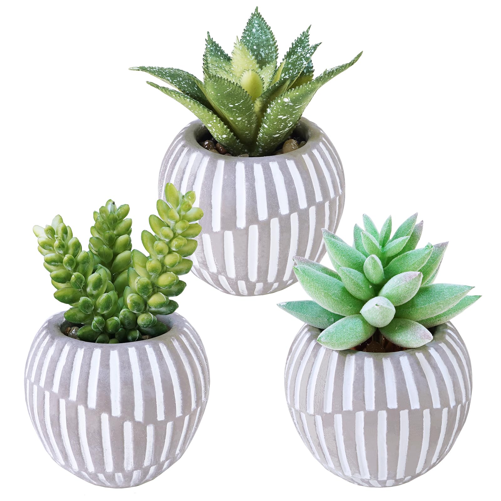 Winlyn Set of 3 Artificial Succulents Plants in Mini Gray and White Geometric Cement Pots Faux Potted Plants Aloe Pachyphytum Succulent Donkey Tail