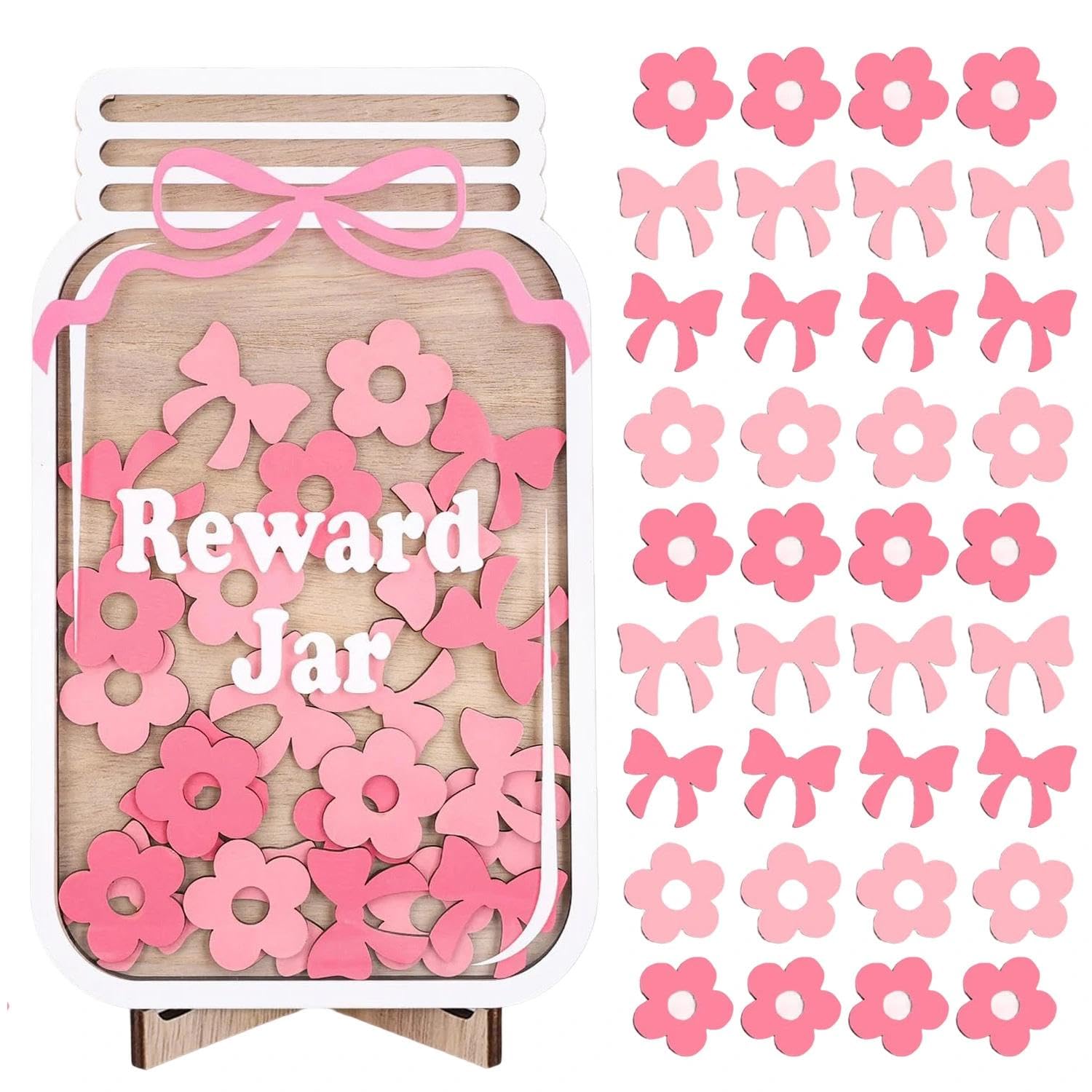 Reward Jar, Reward Jars for Children with 18 Flowers and 18 Bows, Good Behaviour Chart Reward Pot, Reward Jars and Tokens for Home School Classroom Teacher Parent