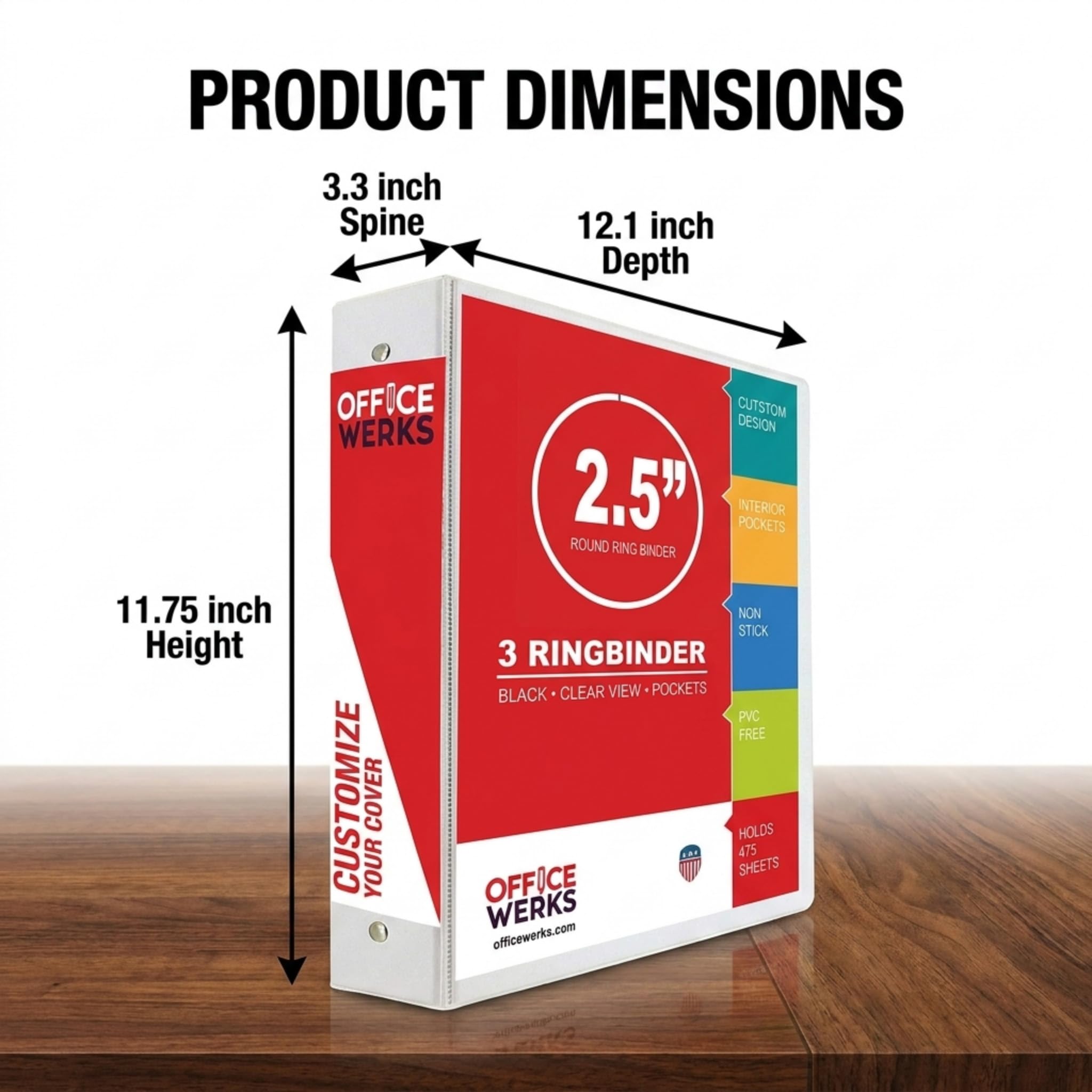 Lot de 12 classeurs à 3 anneaux, dossiers de fournitures de bureau, anneaux ronds de 6,3 cm, blanc, vue claire, poches, dos de 8,1 cm
