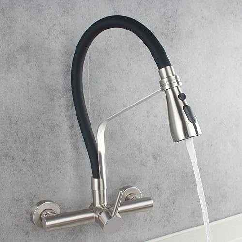 Miniatura 4 de Grifo de cocina comercial de montaje en pared con rociador desplegable Centro de 8 pulgadas, cepillo de acero inoxidable, níquel para restaurante,