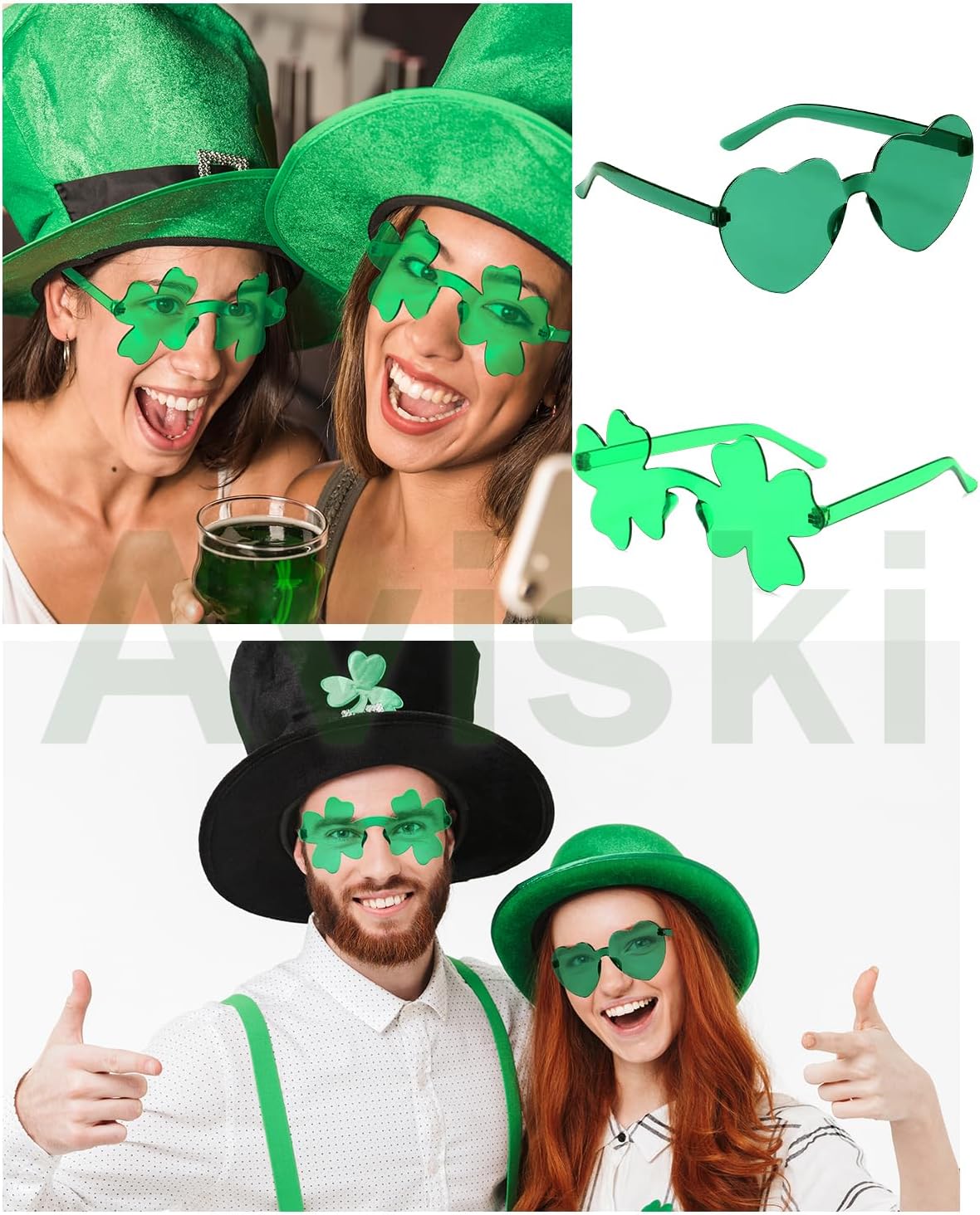 Aviski St Patricks Day Party Glasses, Green Shamroc Heart Shape Rimless Frameless Eyeglasses, Saint Paddy Day Accesorries