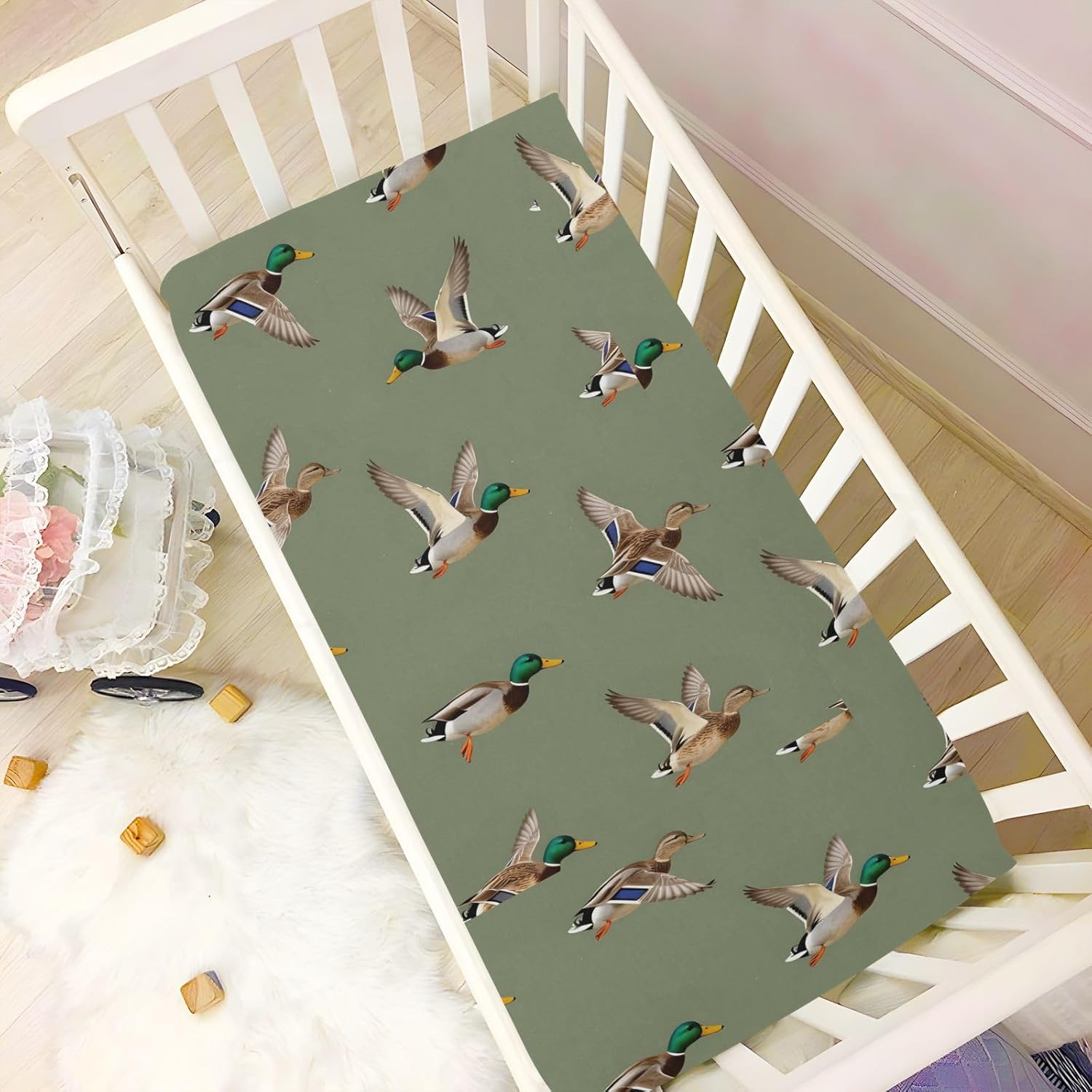 Fitted Crib Sheets for Baby Boys or Girls Soft Breathable Baby Play Yard Sheet for Standard Size Crib Mattress 52x28in Birds Wild Ducks Drake on White Background