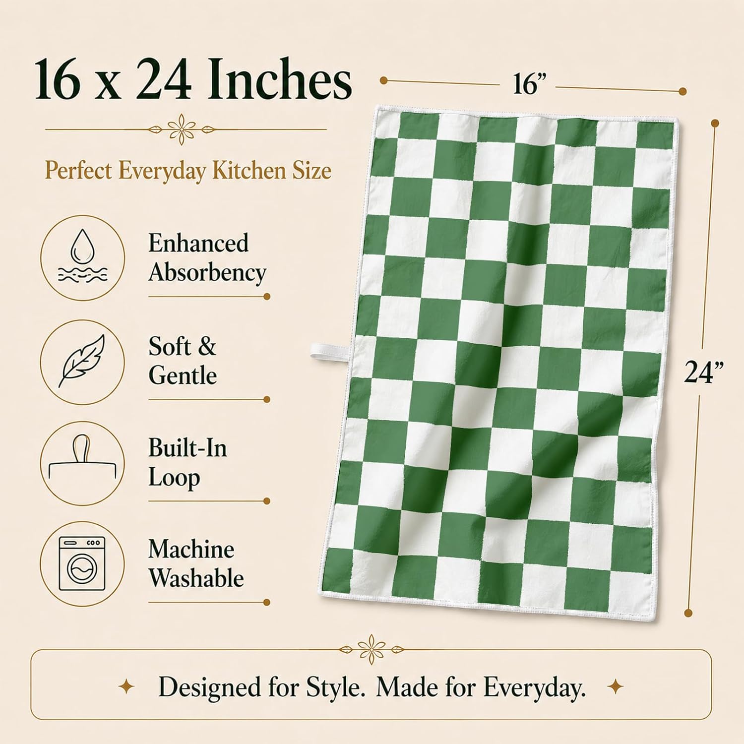 16 x 24 Inch Cute Printed Microfiber Kitchen Towel, Highly Absorbent Quick Dry Dish Cloth for Home Cooking & Decor, Soft Lint-Free Reusable Tea Towel(Green Checkered) image 2