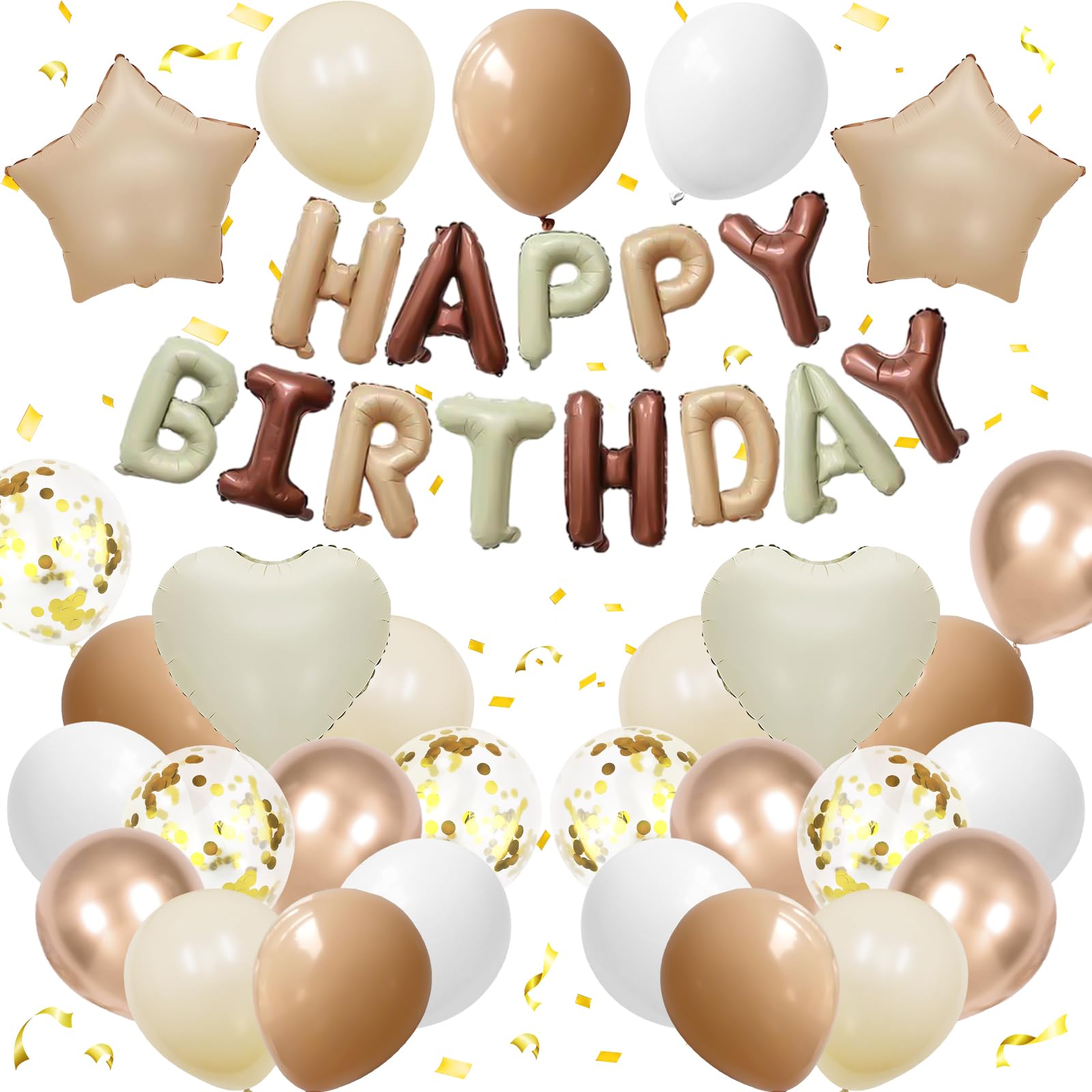 White Sand Gold Brown Birthday Decorations for Men Women Kids,White Sand Brown Gold Nude Balloons Boho Happy Birthday Balloons Banner Confetti Balloon