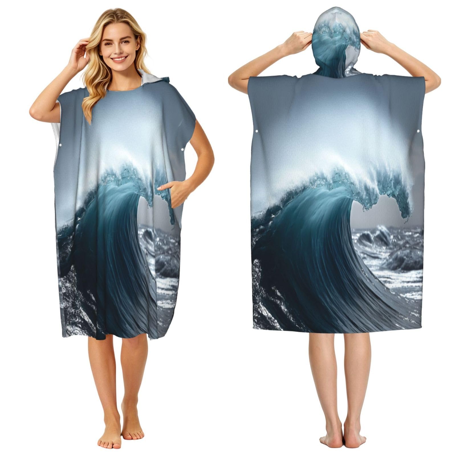 KLGRTJHK Giant Waves In The Ocean Adult Hooded Beach Poncho Towel 43"X35"