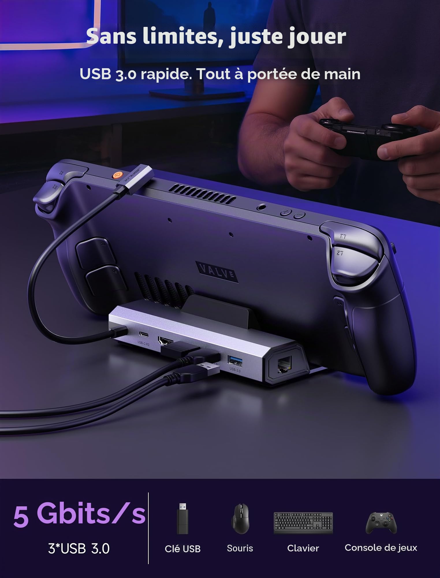 JSAUX Station d’Accueil 4K@120Hz avec Chargeur 65W, Compatible avec Steam Deck OLED/ROG Ally X/Legion Go (S), Station 6-en-1 avec HDMI, Ethernet Gigabit, 3 Ports USB 3.0 et Charge 100W – HB0603