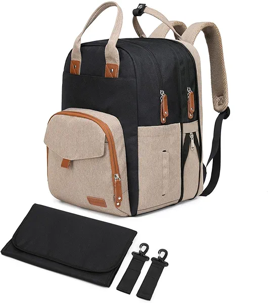 Qualyphant Large Diaper Bag Backpack for Two Kids Twins - Expandable Baby Bag (26-36L), Dual Big Compartments - Includes Changing Pad & Stroller Straps, Unisex Black Khaki