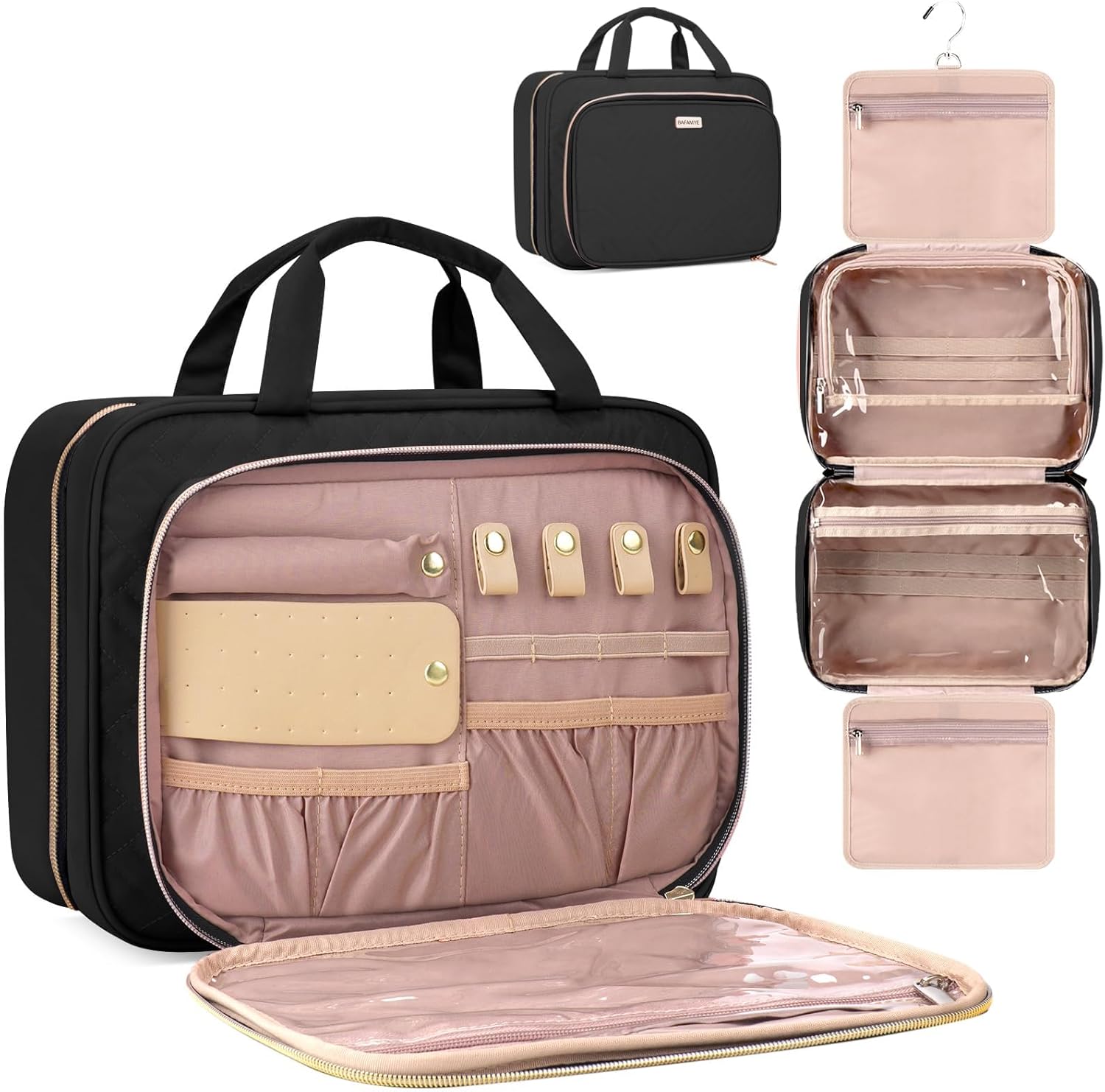 BAFAMYE 8L Travel Toiletry Bag with Jewelry Organizer for Women - 2.1 GAL Water-resistant Makeup Cosmetic Bag With Hanging Hook for Accessories Shampoo Full-size Container, Black