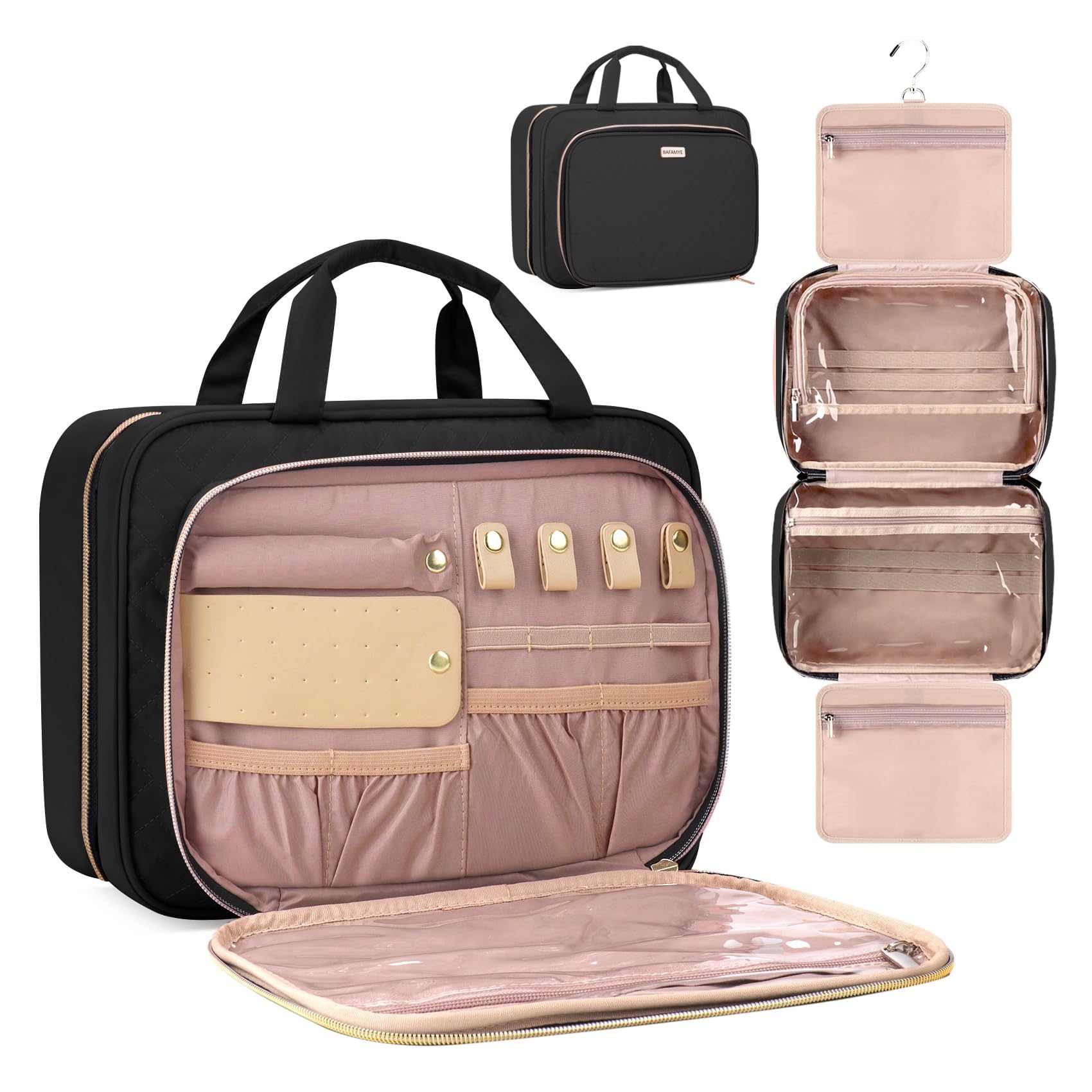 8L Travel Toiletry Bag with Jewelry Organizer for Women - 2.1 GAL Water-resistant Makeup Cosmetic Bag With Hanging Hook for Accessories Shampoo Full-size Container, Black